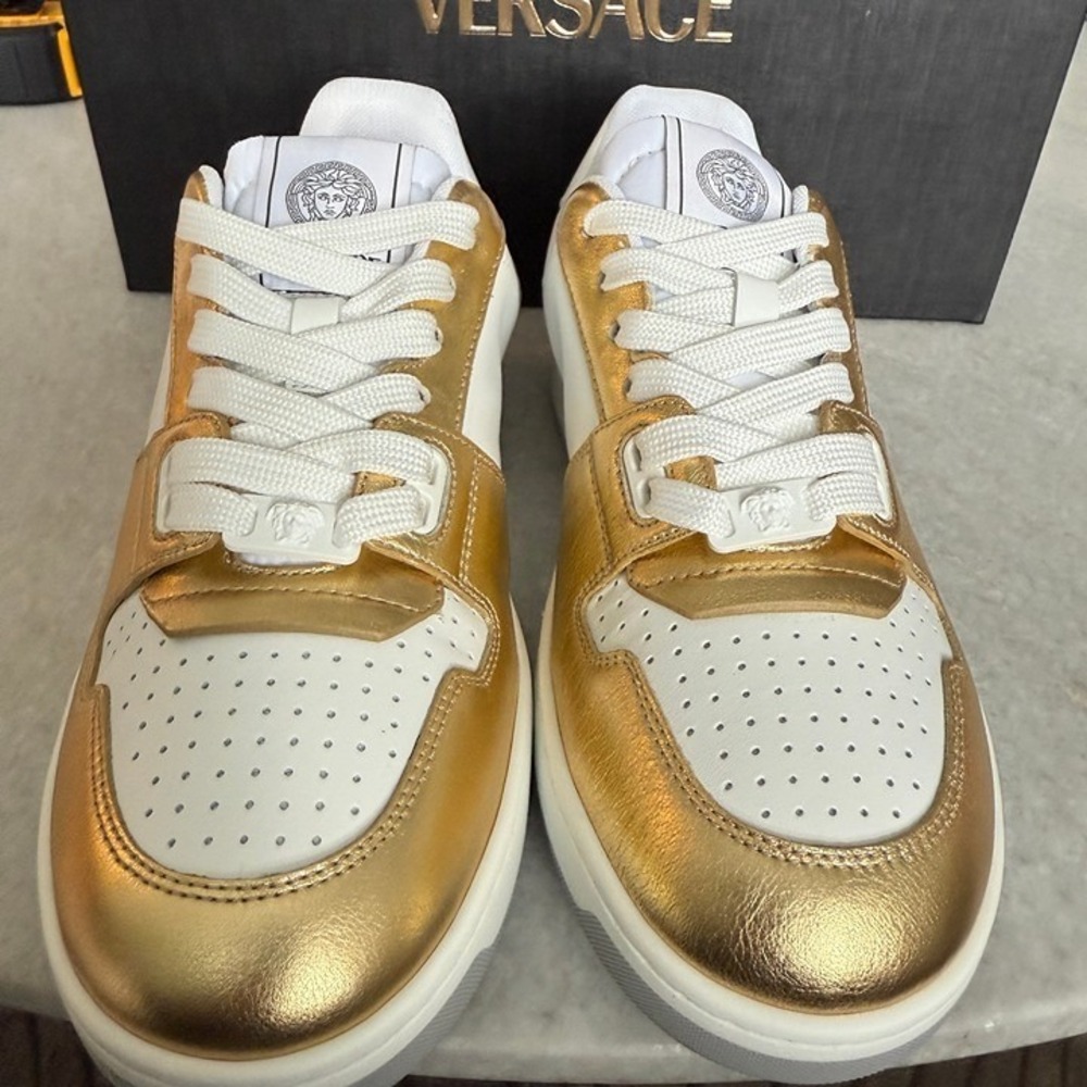 Versace Medusa Gold/White Leather Women's Sneaker Shoe, 1014316, sz 37.5 - Picture 6 of 10